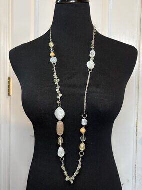 Robert Rose Silver Tone Long Beaded Necklace White Green Gemstone Boho